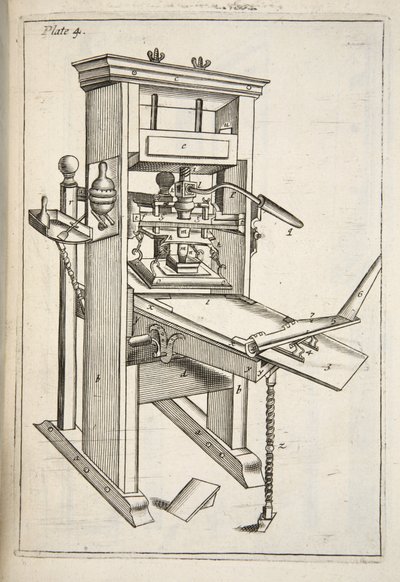 The Printing Press, from Mechanick Exercises: or The Doctrine of Handy-Works applied to the Art of Printing, pub. 1683 by English School